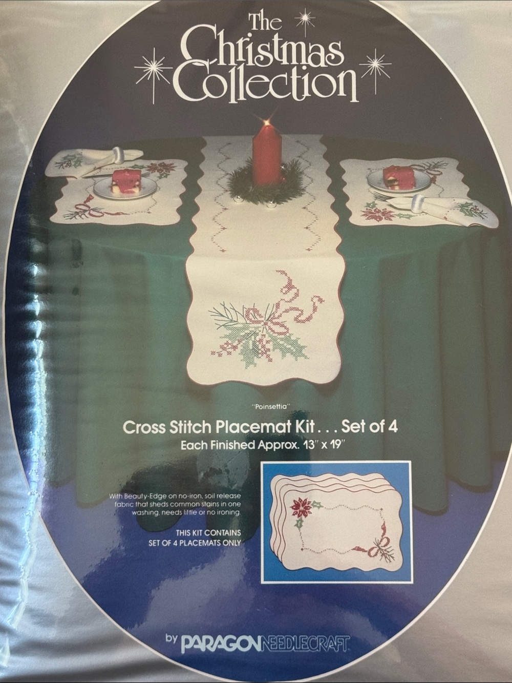The Christmas Collection Poinsettia Cross Stitch 4 Placemat Kit - Green/White